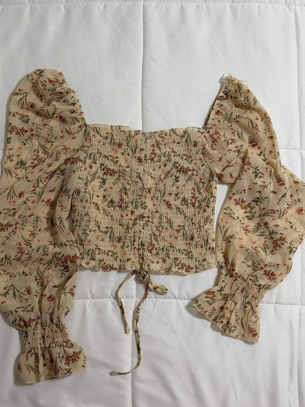 Blush Beige Floral Smocked Puff Sleeve Top